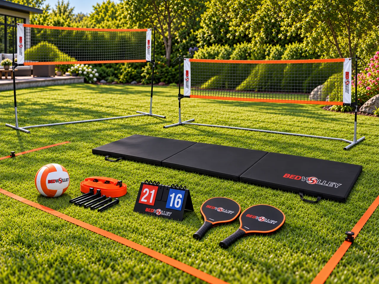 BEDVOLLEY development frame in lower and raised configurations with planned accessories